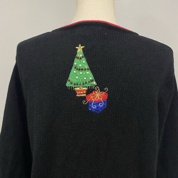 VTG Tiara Int'l M Black Ugly Christmas Sweater Zipper Cardigan Santa Embroidered - Picture 11 of 16